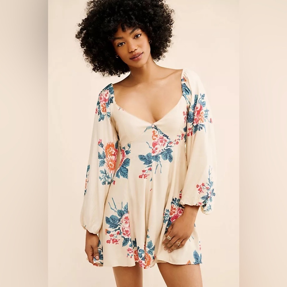 Free People Francesca Floral Puff Sleeve mini Dress XS long sleeve NWT